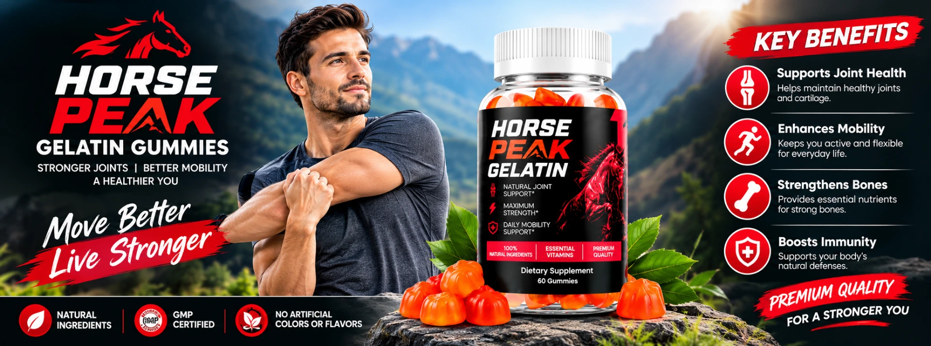 Horse Peak Gelatin Gummies jar with an athlete stretching against a mountain sunrise