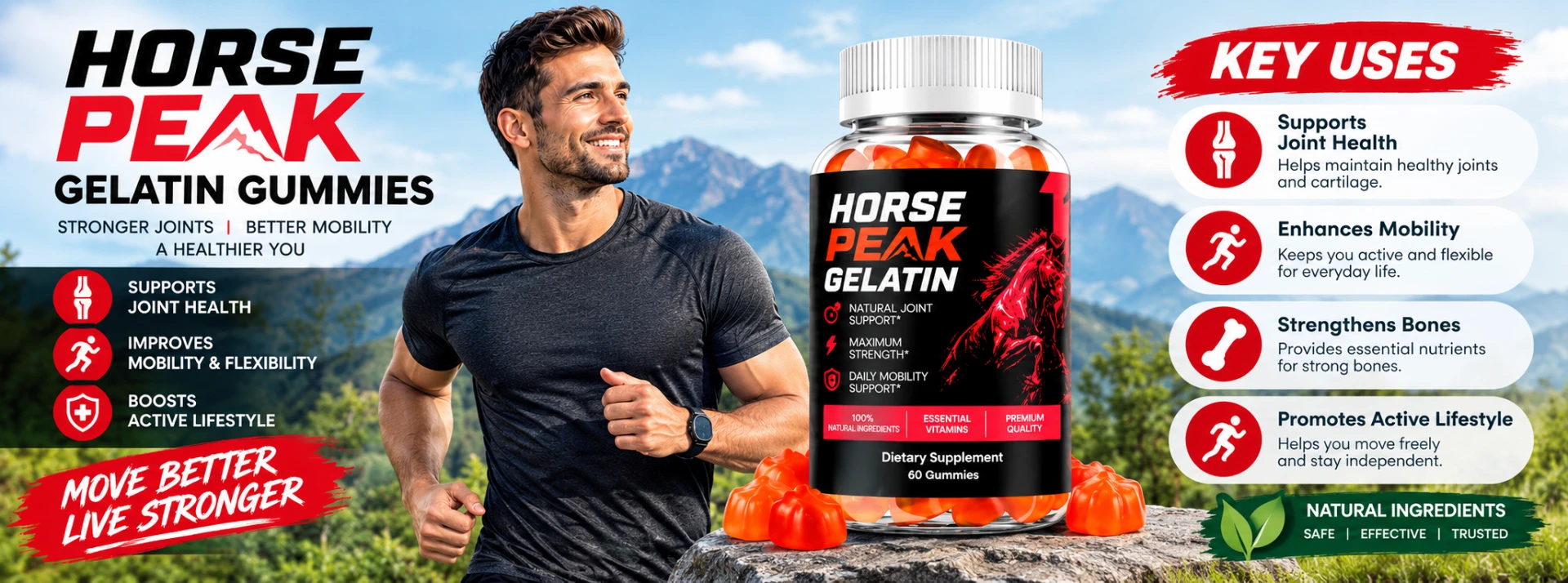 Athlete jogging with Horse Peak Gelatin Gummies in a daylight mountain setting